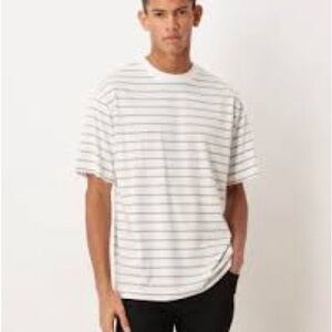 Pull&Bear White and Black Striped Tee